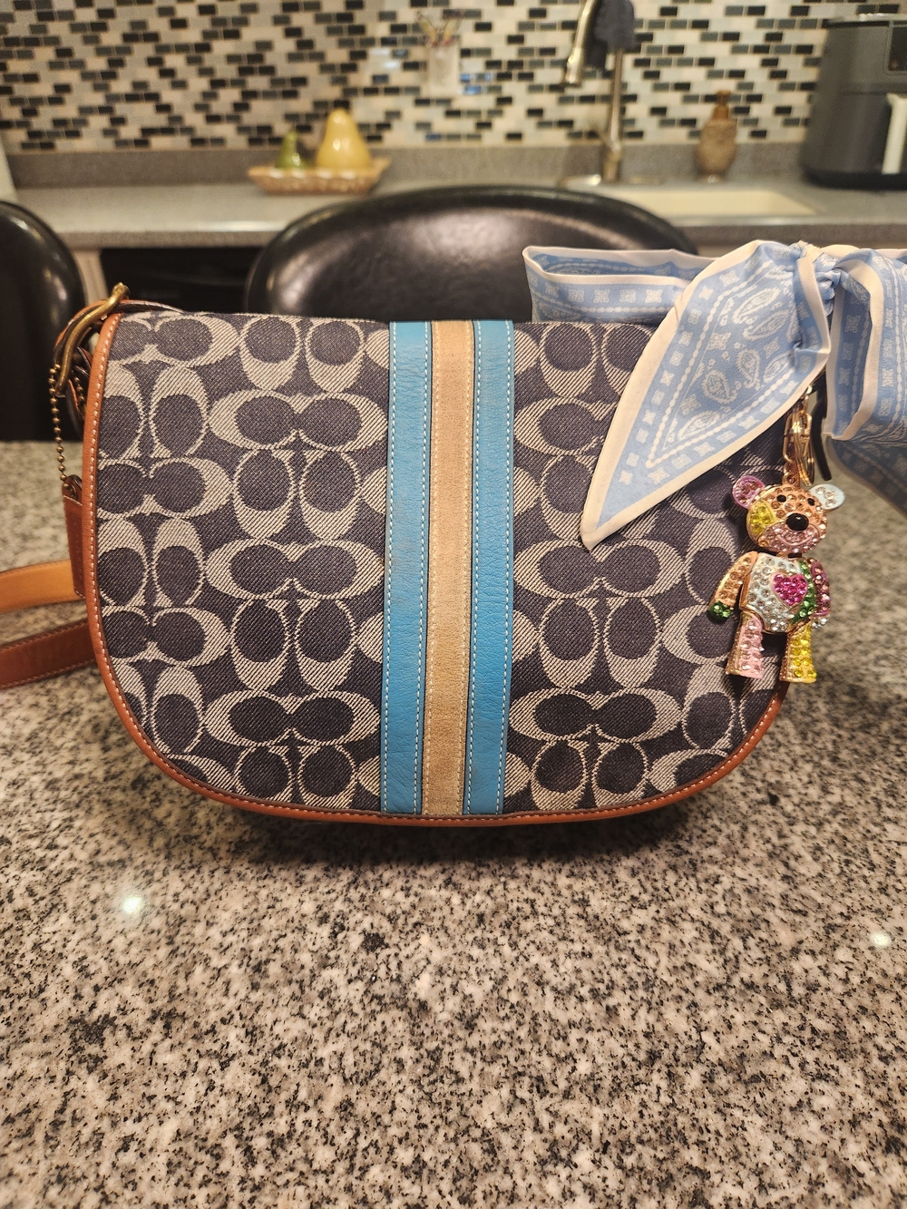 Vintage Y2K Coach Denim Monogram Signature Stripe Saddle Flap Bag